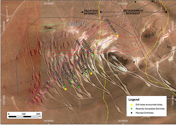 Drill Holes completed in 2019/20, with Proposed Drill Holes in the Oculto Zone and Satellite Areas