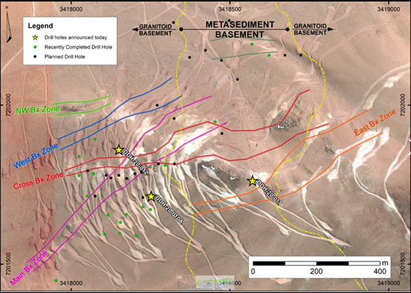 Drill Hole Location Map and Proposed Drill Holes in the Oculto Zone and Satellite Areas