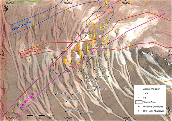 Plan View of Drill Holes in Tesoro Zone