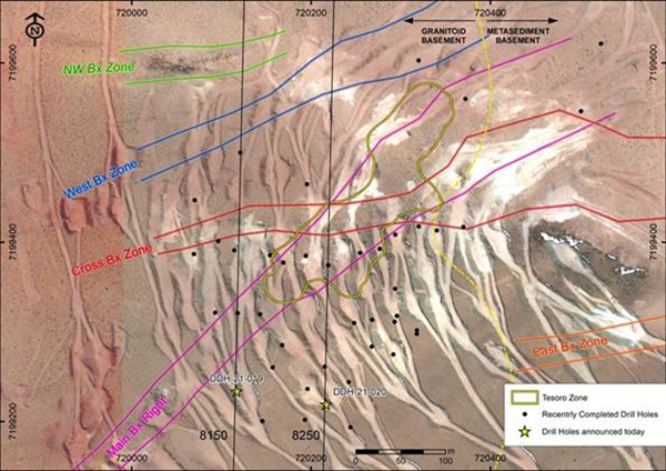 Mapa de ubicación de perforaciones y perforaciones propuestas en la zona Oculto