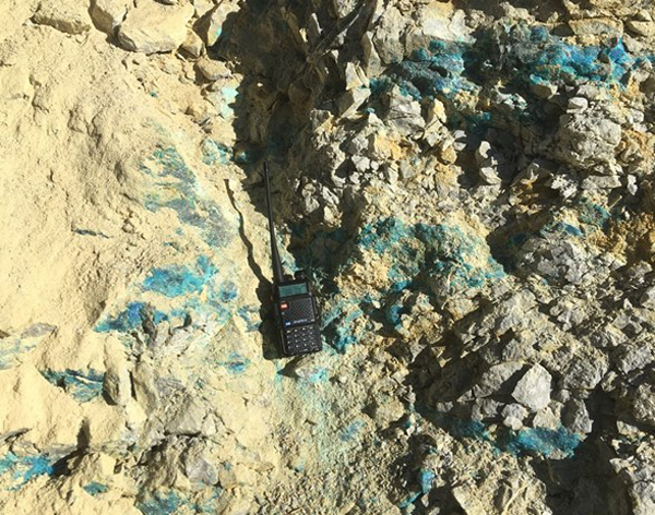 Outcropping Copper Sulphate Mineralisation at Drill Platform for Hole 22-001