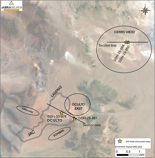 AbraSilver continúa perforando oro de alta calidad en Diablillos, con 36 metros de oro de 2,32 g/t intersectados en Oculto Este Vista en planta de los resultados de la perforación
